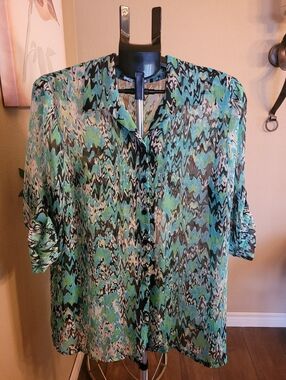 TRADITION Patterned Blouse in Teal and Black